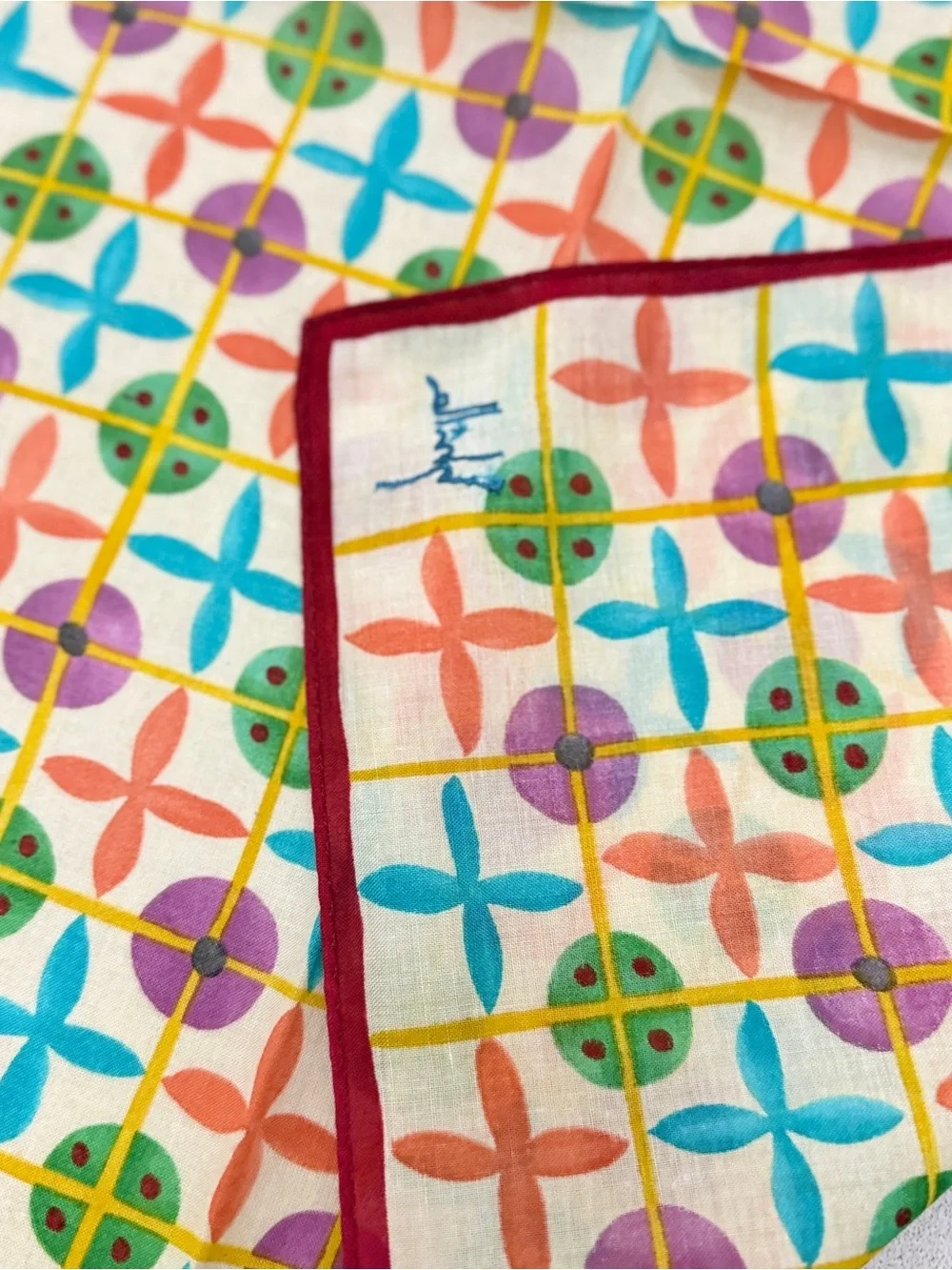 Sybilla vintage handkerchief Multicolor Geometric Cotton Scarf - Cream Base